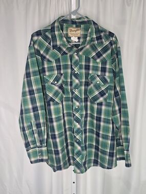 Wrangler Shirt Men 2XL Green Plaid Western Pearl Snap Cowboy Rodeo Ranch Work